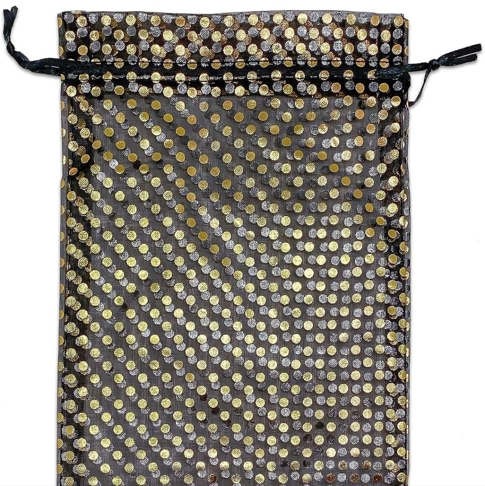 ✅️15 ct  6x8 Sheer Organza Gift Bags with Drawstring  - Polka Dot - Black/Gold